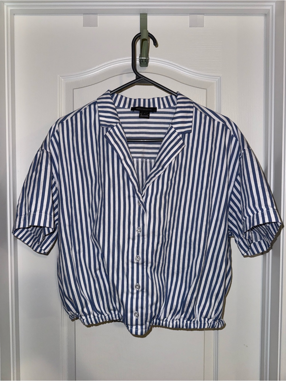 French Connection Navy and White Vertical Stripe Short-Sleeve Button Shirt